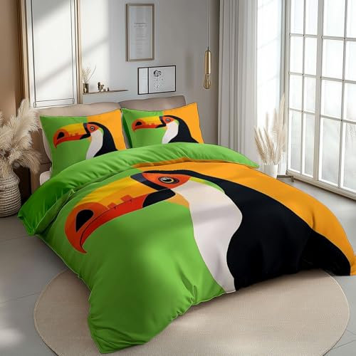 Reversible Bedding Set Duvet Cover Set Cot-bed for Kids Toddler- Colorful Tropical Birds Printed Quilted Comforter Cover with 1 Pillowcases, Lime Green, Microfiber, Zipper Closure, 2 Pieces
