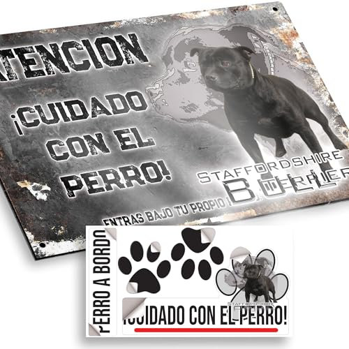 Staffie negro Cuidado con el Perro Cartel Español 15x9,5cm - Diseño Vintage Dibond con Pegatina Coche 20x5cm