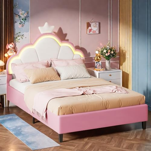 Kinderbett 90x200 mit LED-Streifen, Polsterbett 90x200 for Mädchen, Kronen-Prinzessinbett mit Verstellbares Kopfteil, Mädchen Bett, Einzelbett Bettgestell mit Lattenrost,Samt,ohne Matratze