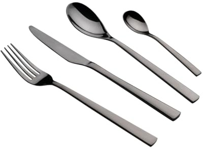 QULINART 48 couverts en acier inox 18/10 : 12 couteaux, 12 fourchettes, 12 cuillères, 12 cuillères à café – Passe au lave-vaisselle – Idéal cadeaux pour la maison, la cuisine et mariages - noir mat