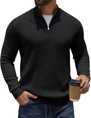COOFANDY Jersey con Cierre de Media Cremallera y Cuello Alto Jersei de Punto para Hombre Suéter Manga Larga Clásico Jersey Invierno Cálido Zip Pullover Ajustado Negro L