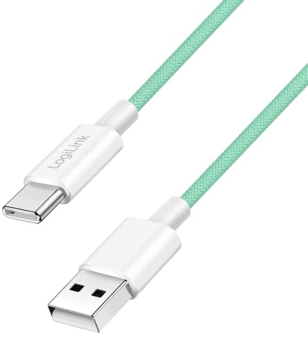 Logilink Câble de raccordement USB 2.0 type C, C (mâle) vers A (mâle) avec gaine en nylon, 60 W, vert, 1,5 m