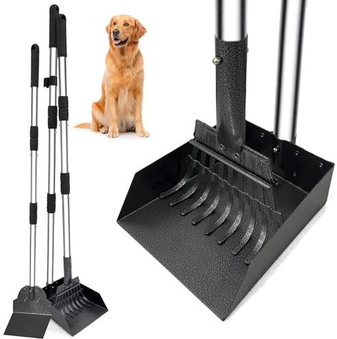 Niubya Ramasse crottes pour Chiens - Pelle métallique à Manche Long réglable (jusqu'à 96 cm), Pooper Scooper kit avec bac et râteau pour faciliter Le ramassage des déchets Animaux, Lot de 3