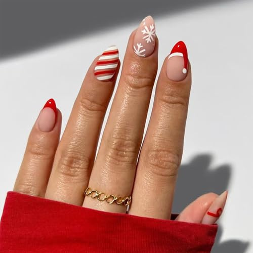 NICENEEDED 24 PCS Presse de Noël sur Les Ongles Faux Ongles en Forme D'Amande avec des Motifs de Flocons de Neige Faux Ongles avec Chapeau de Noël Rouge pour Femme