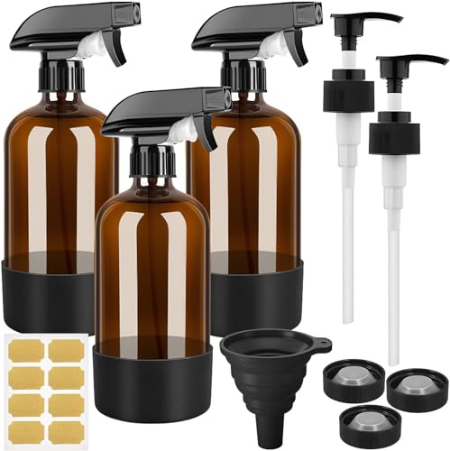 3 Pcs Pulverizador Agua Vidrio Ámbar con Capuchón Niebla Ajustable, Botella Pulverización Agua Peluqueria Reutilizables 500ml, Spray Bottle para Riegos, Limpieza Hogar, Jardinería y Cuidado Capilar