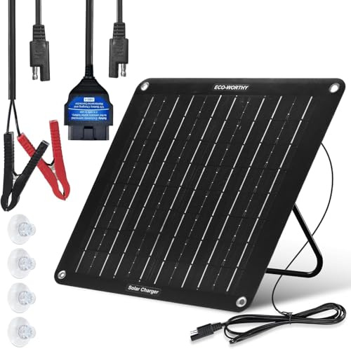 ECO-WORTHY 10W Aktualisiert solarpanel 12v Autobatterie Ladegerät | Monokristallines solar panel zur Erhaltungsladung mit Halterung und Kabeln für Wohnwagen, Auto, Boot, Motorrad