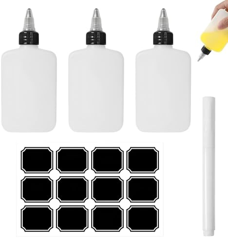 3 Kleine Squeeze Flaschen, Ölspender mit Kappen, 120 ml Plastik Quetschflasche mit Kappen, Saucenflasche mit Etikettieren, Schreibstift, Gewürz-Quetschflaschen für Ketchup, Scharfe Soße, Olivenöl