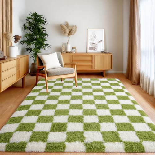 BSGIFT Tappeto a pelo lungo, soffice, a quadri, 140 x 200 cm, in peluche, per camera da letto, soggiorno, cameretta dei bambini, moderno, tappeto antiscivolo, crema e verde