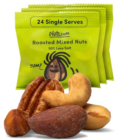 Nuts.com Roasted Mixed Nuts (50% Less Salt) – 24 Single Serve Snack Packs – Almonds, Cashews, Pecans, Brazil Nuts, Hazelnuts – Gluten-Free, Kosher, No Peanuts – Healthy Low Sodium Protein Snack