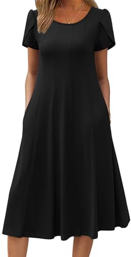 Zeagoo Abito Donna Midi Leggero Estivo con Manica Corta e Tasche A‑Line Elegante per Primavera Estate Nero L