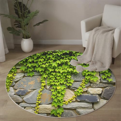 Tappeto Rotondo Piante Paesaggio Naturale per Salotto 100cm, Tappeto Stampa Edera Muro Di Pietra Antiscivolo, Facile da Pulire Verde Tappeti per Casa Cucina Cameretta Zona Balcone