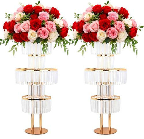 Maktliea 2PCS 5-Tier Crystal Vase Metal Flower Stand | Elegant Table Centerpiece with Crystal Pendants for Wedding, Party, Event & Home Decoration | Large Chandelier Display Rack