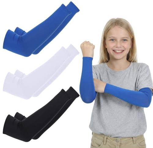 Arm Sleeves for Kids 3 Pairs UV Sun Protection Cooling Arm Sleeves for Youth Boys Girls, Outdoor Breathable Elastic Ice Sleeve for Basketball, Volleyball, Baseball, Sports (Black, White, Blue)