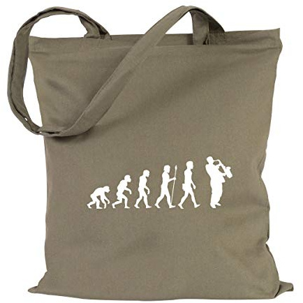 JUNIWORDS Jutebeutel - Wähle ein Motiv & Farbe - Evolution Saxophon (Beutel: Khaki, Motiv: Weiß)
