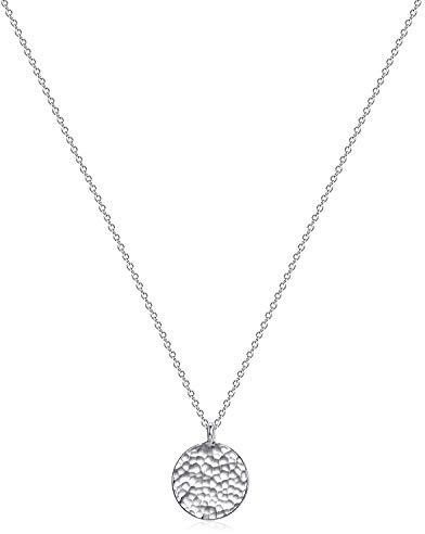 Fettero Pendant Necklace Sliver Hammered Coin Pendant Platinum Plated Dainty Simple Jewelry for Women