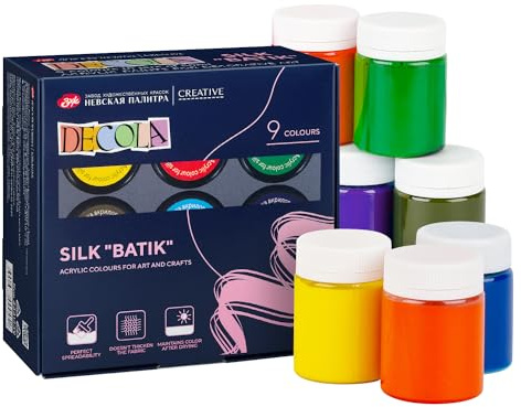 Decola - Seidenfarben Set | 9 x 50 ml Batikfarben Set | Textilfarben/Stofffarben abwaschbar | Qualität von Nevskaya Palitra | Seiden- und Batikfarben 9x50 ml, waschbar, für Tücher, Seide, Baumwolle und Textilkunst, Nevskaya Palitra