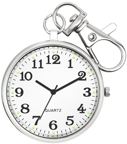 FUNGORGT Mens Pocket Watch Silvery -Tone Ultra Thin Railroad Open Face Quartz Pocket Watch with Key Buckle（Christmas Gifts