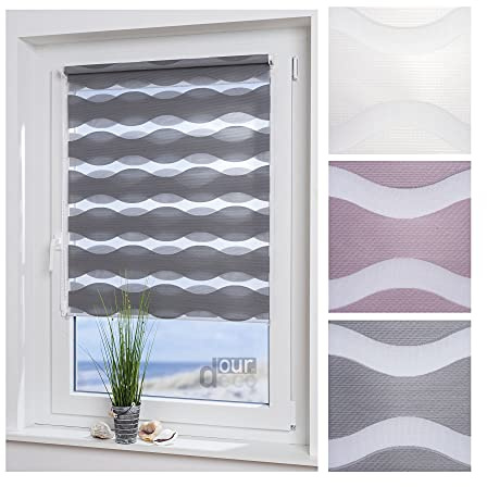 ourdeco® Doppel-Rollo, Duo-Rollo / 60 x 150 cm in Wellenform Wave grau/lichtdurchlässig, Blickdicht/Klemmen=Montage ohne Bohren=Smartfix=Klemmfix=Easy-to-fix