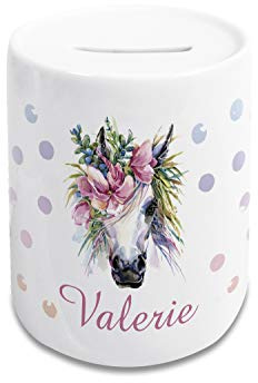 GRAZDesign Einhorn Spardose Kinder mit Name Mädchen, Geschenk personalisiert Taufe, Geburtstag Sparschwein aus Keramik weiß - Einhorn Weiß