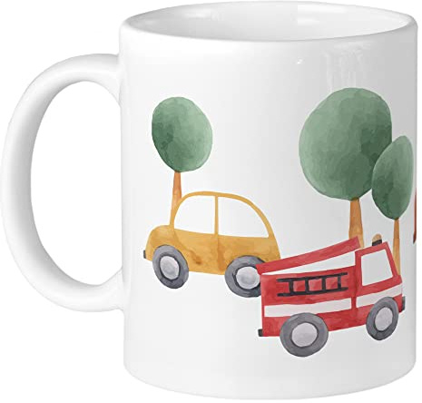 GRAZDesign Kindertasse mit Namen | Autos und Feuerwehr personalisiert Jungen, Namenstasse, Trinkbecher Kinderbecher mit Henkel Becher, Keramik BPA-frei, Geschenk für Schulkind 330ml