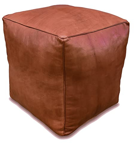 Poufs&Pillows Quadratischer Leder Pouf XL - Handgefertigt - gefüllt geliefert - Ottoman, Sitzsack, Fußhocker (Cognac Braun)