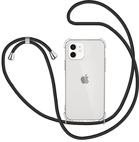 Hülle für iPhone 12/12 Pro (6.1) mit Band Transparent Handyhülle Stossfest Schutzhülle - Schnur mit Case zum Umhängen in Schwarz