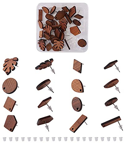 PandaHall - 32 orecchini a perno color legno di noce, a forma di goccia, rombo, ovale, piatti e rotondi, con 100 chiusure in plastica, per la realizzazione di orecchini pendenti e gioielli fai da te