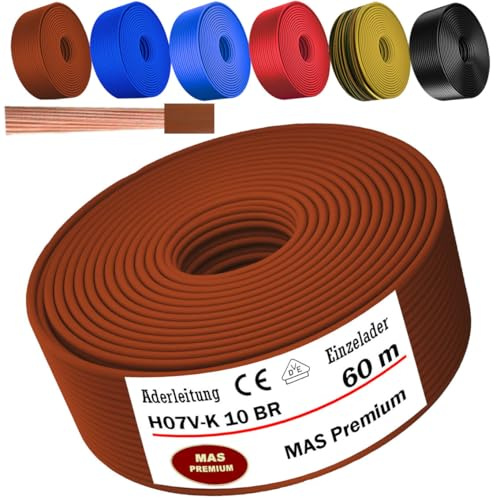 MAS Premium Von 5 bis 100m Aderleitung H07 V-K 10 mm² Schwarz, Braun, Dunkelblau, Grüngelb, Hellblau oder Rot Einzelader flexibel (Braun, 60m)
