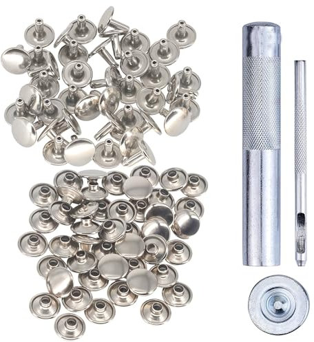 Trimming Shop 100 Set Double Cap Tubular Rivets with Fixing Tool Kit, Leather Rivets with 3 Pieces Hand Tool Set for Repair Clothing, Handbag, Lathercrafts (4mm, Silver)