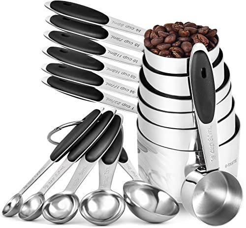 Messbecher und Messlöffel 12er-Set: U-Taste Nesting Cups, Teelöffel und Esslöffel aus Edelstahl 18/8 zum Backen Kochen, Stärkerer Geschweißter Griff (Schwarz)