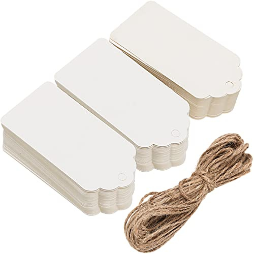 MUKCHAP 300 PCS 9x4.5cm White Kraft Paper Gift Tags with 30m Jute Twine, Blank Labels for Wedding, Birthday, Crafts