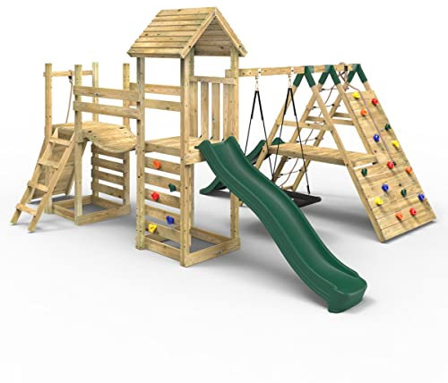 Rebo® Double Tower Climbing Frame with Flexible Bridge, Swing and Slide - Crestone | OutdoorToys | Pressure Treated Timber, Boat Style Swing Seat, Sturdy Wooden Construction