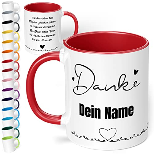 Dankeschön Geschenk für Freunde & Kollegen: Danke Tasse mit Namen „Danke für die schöne Zeit“ - personalisierte Kaffeetasse mit Spruch als moderne Dankeskarte | Abschiedsgeschenk (Rot)