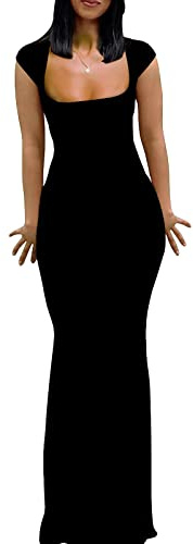 Womens Summer Cap Sleeve Square Neck Elegant Casual Lounge Bodycon Slim Maxi Evening Party Long Dress