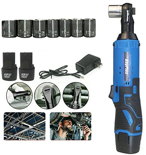 40Nm Cordless Ratchet Wrench Set with 2 x 1.5Ah Batteries, Electric Ratchet Wrench Right Angle, Reverse & Forward Function, LED Light, 7 Sockets