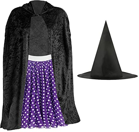 Adult’s Room on the Broom Set - Black Velour Cape, Purple Polka Dot Skirt, Witch Hat and Broom - Perfect for World Book Day School Book Day Fancy Dress