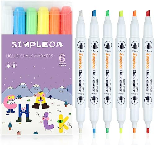 Simpleoa 6 Kreidestifte für Tafel Abwaschbar, 3mm Kreidestifte für Fenster,Glas, Spiegel Flüssigkreidemarker auf jeder nicht porösen Oberfläche Ungiftig Doppelspitze Fenstermalstifte