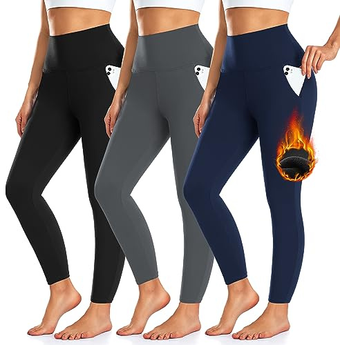 3 Pack Fleece Lined Leggings Women with Pockets -Warm Winter Yoga Pants for Women Thermal Running Workout Leggings Black/Grey/Navy