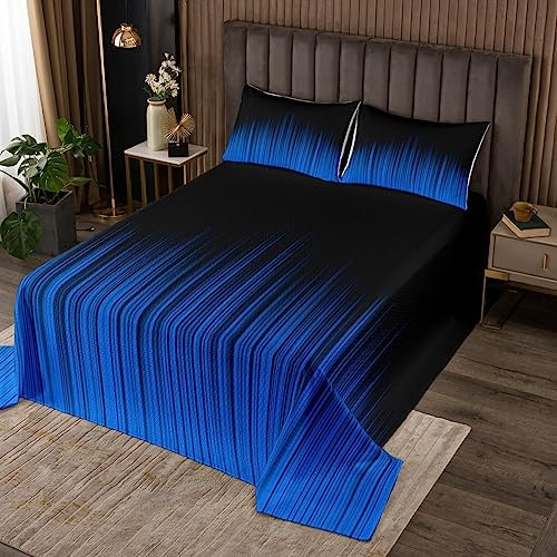 Geometrisch Abstract Ombre Dekorative Tagesdecke 220x240cm Weich Schwarz Blau Striped Quadratisch Steppdecke Kinder Wohndecke Modern Bettüberwurf Dekor Doppelbett Gesteppt mit 2 Kissenbezug 3Stück