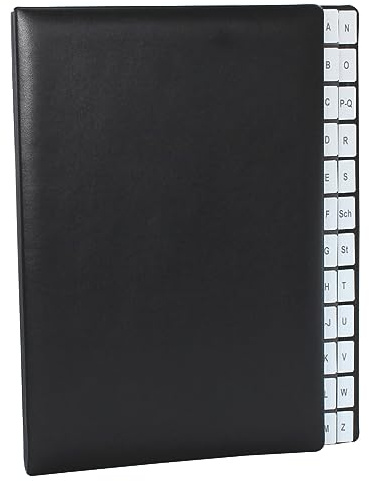 Pultordner mit Register A-Z aus glattem Vollrindleder in Schwarz, passend für DIN A4, Softcover mit dehnbarem Rücken, Register-Trennblätter aus schwarzer Kartonage, Prägung auf Anfrage