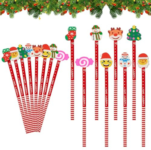 SOETDERT 24 Stück Weihnachten Bleistift mit Radiergummi, Holz Bleistift Kinder Studenten mit Weihnachten Schneemann Weihnachtsmann Niedlich Cartoon, Weihnachten Kleinigkeiten HB Bleistifte Set