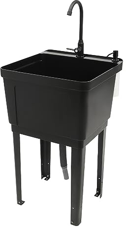 Utility Sink Laundry Tub with 360° Rotatable Faucet and Soap Dispenser Freestanding Wash Station Sink for Garage Laundry Room (Black)