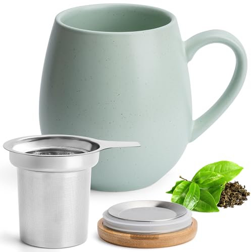 Happy Lemuro Tasse à thé avec couvercle et passoire - 550 ml - grande tasse à thé - avec infuseur - taille XXL - accessoire de thé (Light Mint)