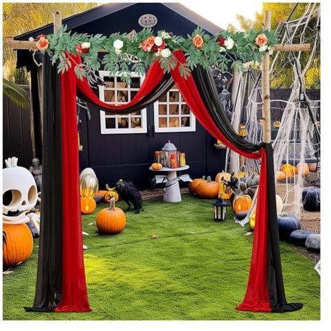 Egurs 2 Stück Querbehang Hochzeit Hochzeitsbogen Tüllstoff Traubogen Tüll Hintergrund Vorhang Chiffon Gardinen Freihanddeko für Fotografie Laube Torbogen Zeremonie Party Schwarz+Rot 75 * 300cm