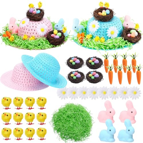 Silicherry Easter Bonnet Kit Easter DIY Craft Set with Straw Hats Make Your Own Bonnet Hat Bunnies Eggs Chicks Carrots Nests Grass Flowers Decoration Birthday Gifts