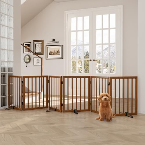 Semiocthome Hundegitter aus Walnussholz, extra breit, 6 Paneele, freistehende Haustiergitter mit 4 Metallständern für Türen und Treppen, 61 cm Höhe, Faltbarer Holzzäune für den Innenbereich