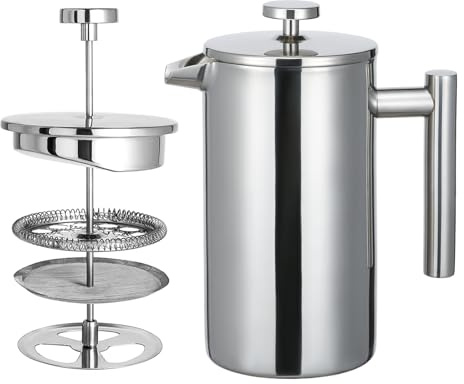 Cafetera de prensa francesa para hacer espuma de leche para 8 tazas, 34 onzas, 1 litro, acero inoxidable 18/8, doble pared aislada, cafetera, herramienta de servir de grado alimenticio, perfecta para