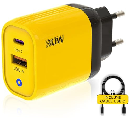 Chargeur Rapide 30W avec 2 Ports Chargeur Rapide Type C & USB-A Cable de Charge Inclus Alimentation Compact pour Tous Les Appareils- Couleur Jaune | 3-Stars
