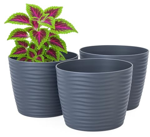 Home Garden Ornaments Plant Pots Indoor – Set of 3 Plastic Flower Pots, Unique Wave Design, No Drainage Holes, Indoor Plant Pot for Modern Home Décor (Anthracite, 11cm / 4.3 inch)