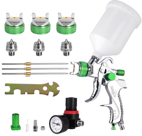 HVLP Lackierpistole Spritzpistole 3 Düsen 1,4mm 1,7mm 2,0mm Profi Farbsprühsystem Spraypistole mit 600 ml Plastikbecher Mit Luftdruckregler für Auto-Autodetail-Lackierung (Grün)